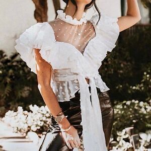 Acler Mock Neck Polka Dot Frills Ruffle White Hawk Top Women’s Size 4US